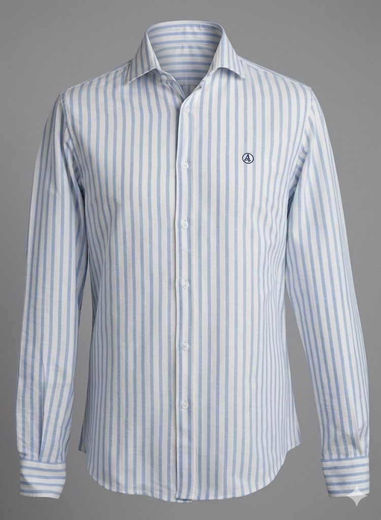 CAMISA OXFORD RAYAS CELESTE, CUELLO SEMI CUTEWAY