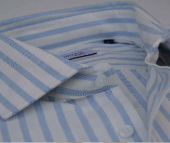 CAMISA OXFORD RAYAS CELESTE, CUELLO SEMI CUTEWAY