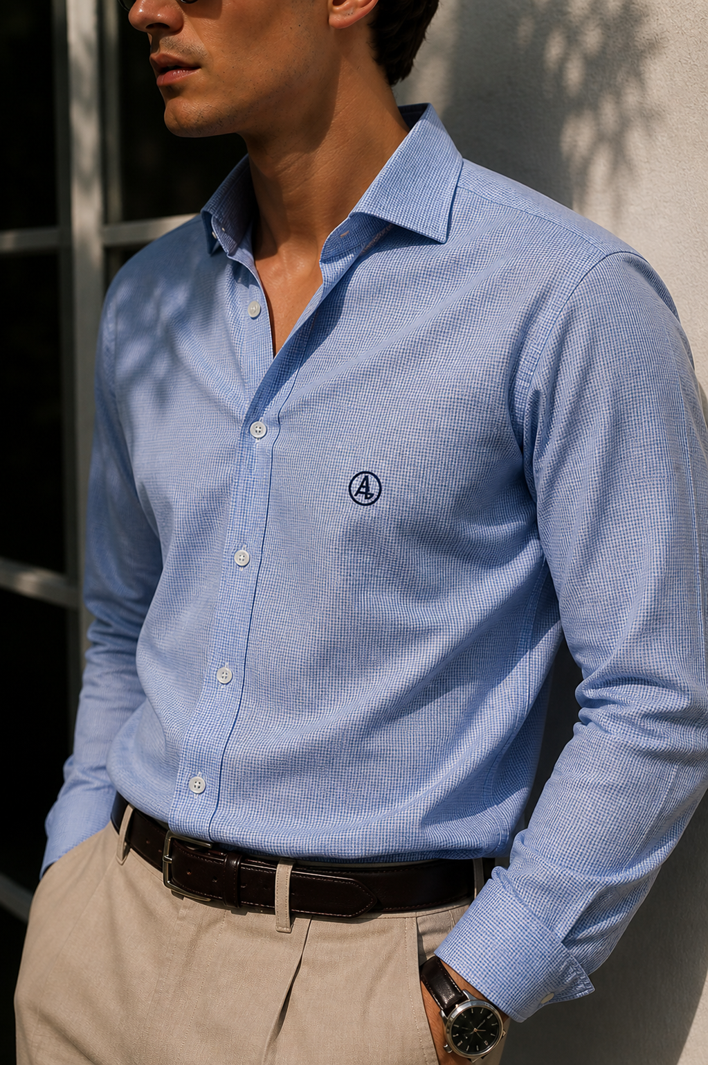 CAMISA CUADROS AZULES , CUELLO SEMI CUTAWAY