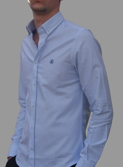 CAMISA OXFORD RAYAS CELESTE, CUELLO BOTONES