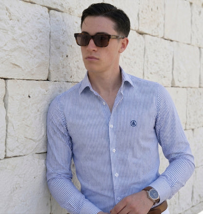 CAMISA VESTIR RAYAS AZULES MARINO , CUELLO SEMI CUTEWAY