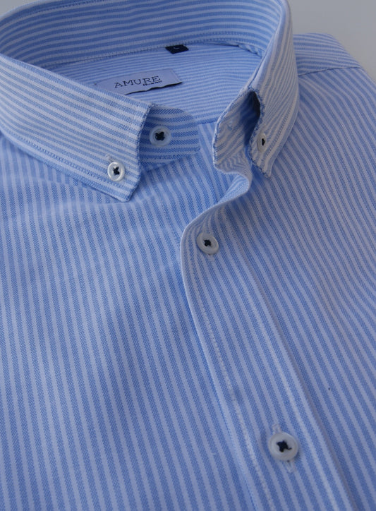 CAMISA OXFORD RAYAS CELESTE, CUELLO BOTONES