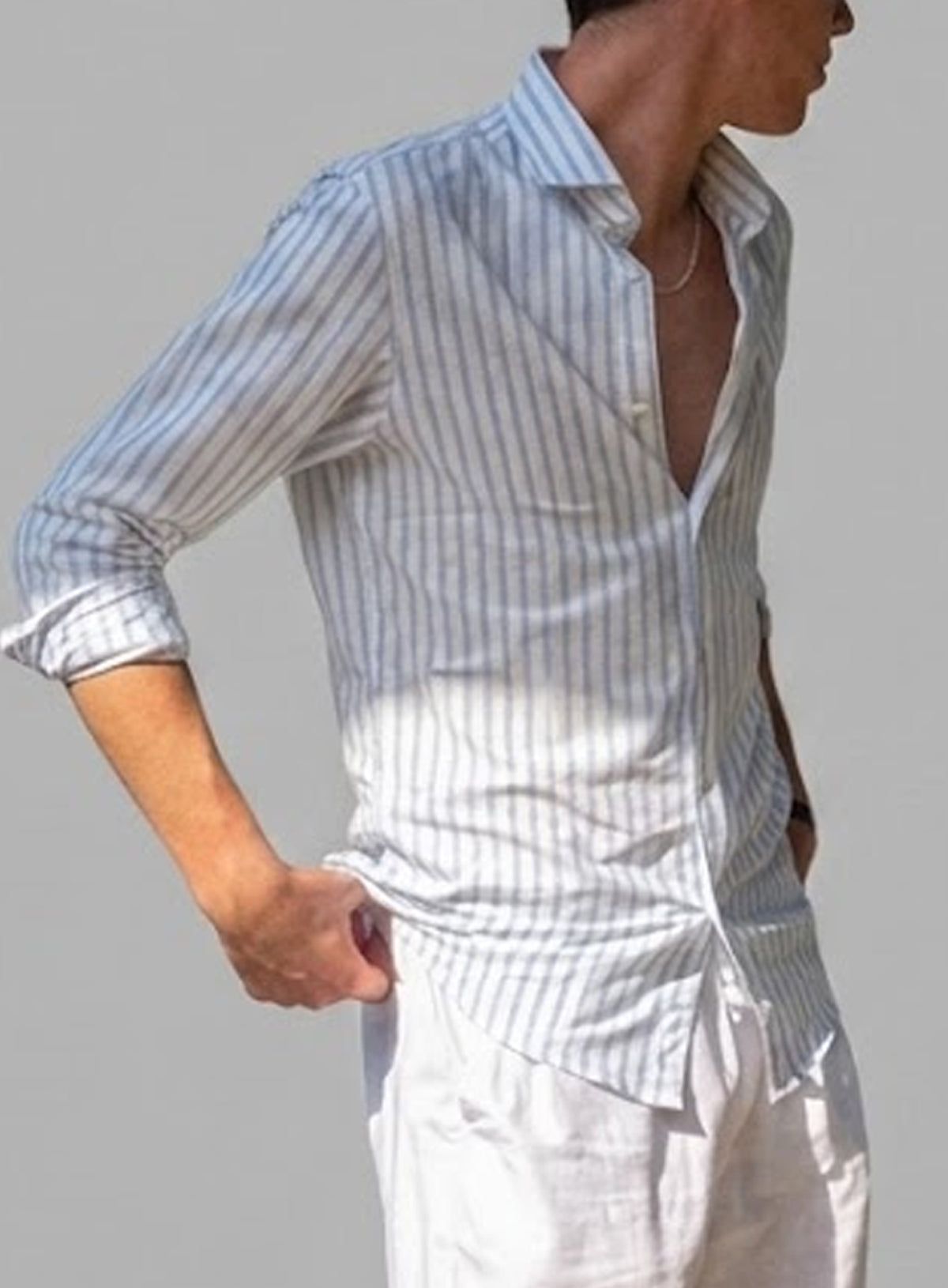 CAMISA OXFORD RAYAS CELESTE, CUELLO SEMI CUTEWAY