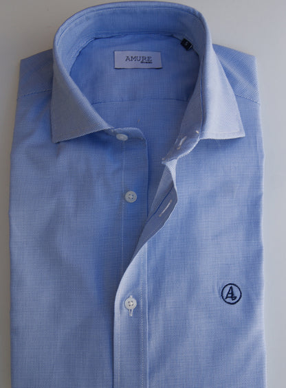 CAMISA CUADROS AZULES , CUELLO SEMI CUTAWAY