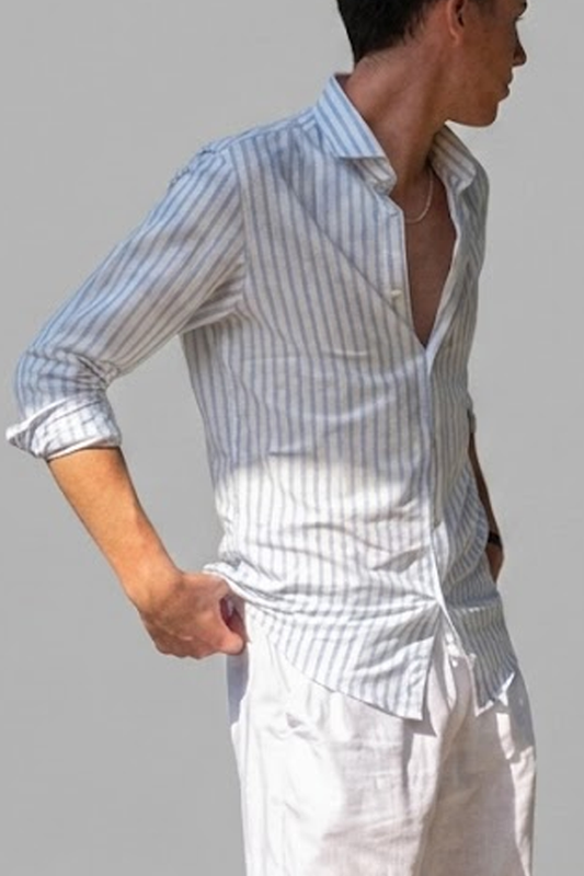CAMISA OXFORD RAYAS CELESTE, CUELLO SEMI CUTEWAY